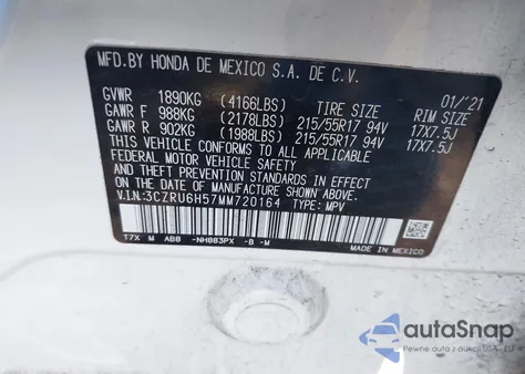 2021 Honda Hr-V Awd Ex from USA, damaged, VIN 3CZRU6H57MM720164